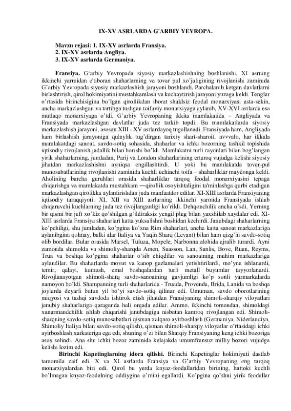 IX-XV Asrlarda G'arbiy Yevropa Tarixi