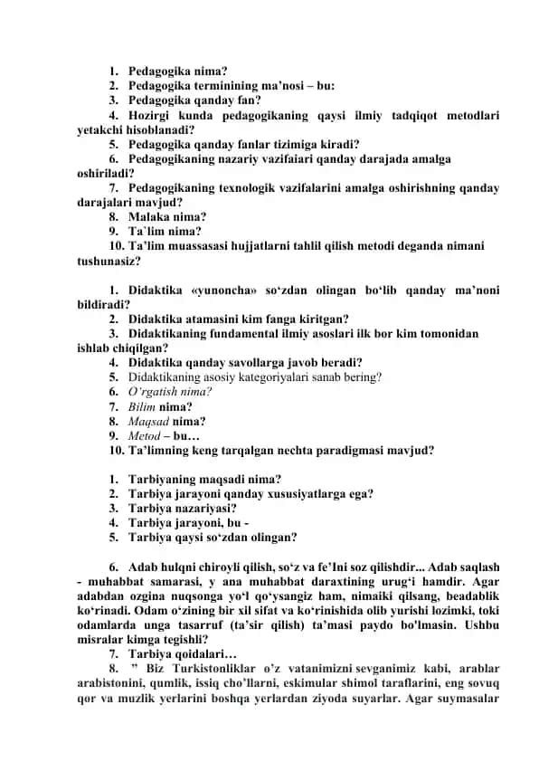 Pedagogika va didaktika savollar to‘plami