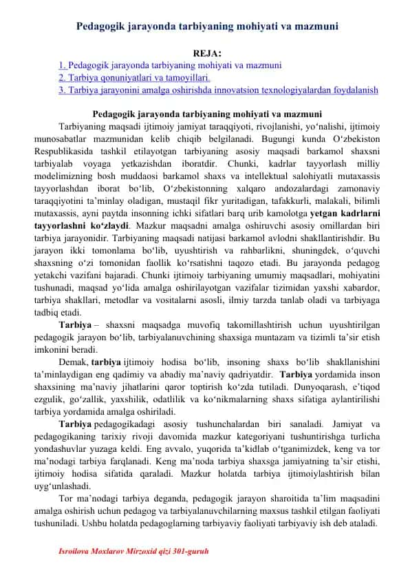 Pedagogik jarayonda tarbiyaning mohiyati va mazmuni