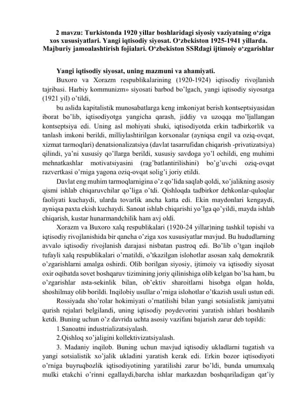 Turkistonda 1920 yillar boshlaridagi siyosiy vaziyat va iqtisodiy o'zgarishlar