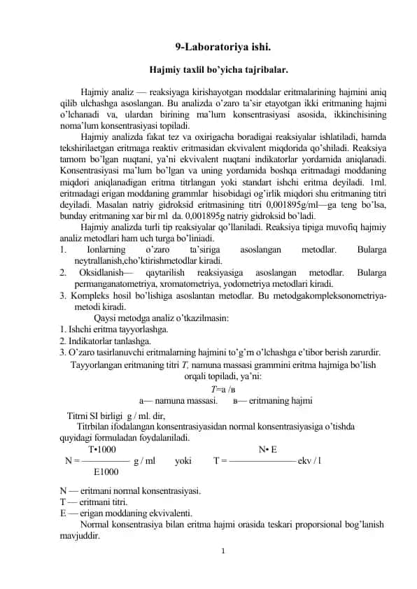 Hajmiy analiz bo'yicha laboratoriya ishi