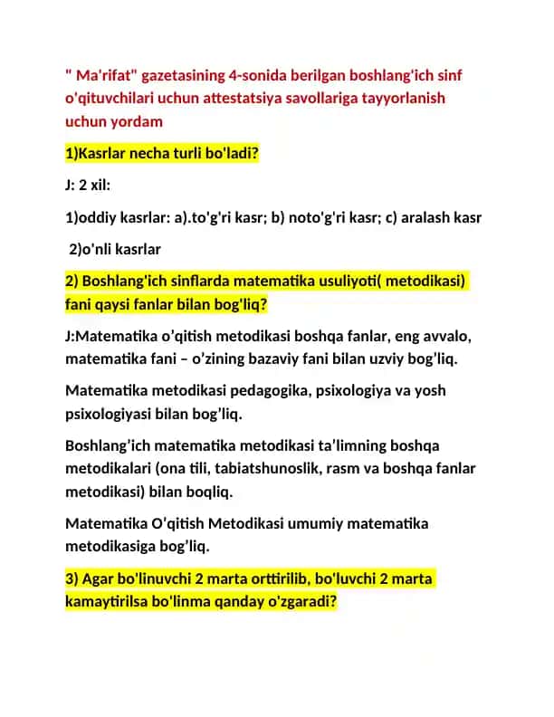 Ma'rifat gazetasining 4-soni attestatsiya savollariga tayyorlanish uchun yordam
