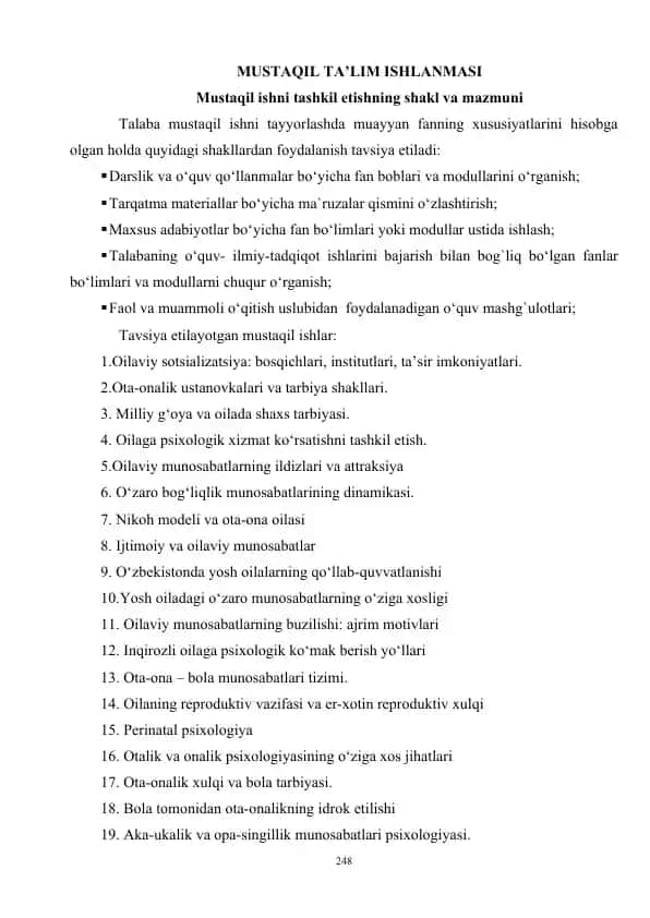 mustaqil ishlarni tashkil etishning shakli va mazmuni