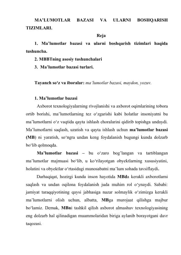 Ma’lumotlar Bazasi va Ularni Boshqarish Tizimlari