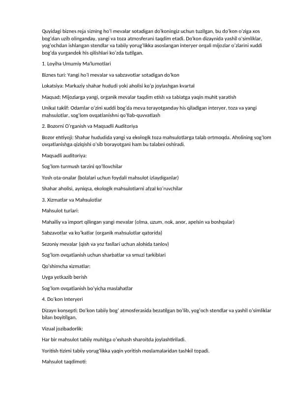 Yangi ho‘l mevalar va sabzavotlar sotadigan do‘kon biznes reja