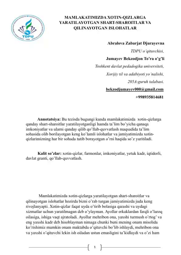 Mamlakatimizda Xotin-Qizlarga Yaratilayotgan Shart-Sharoitlar va Qilinayotgan Ishlohalar