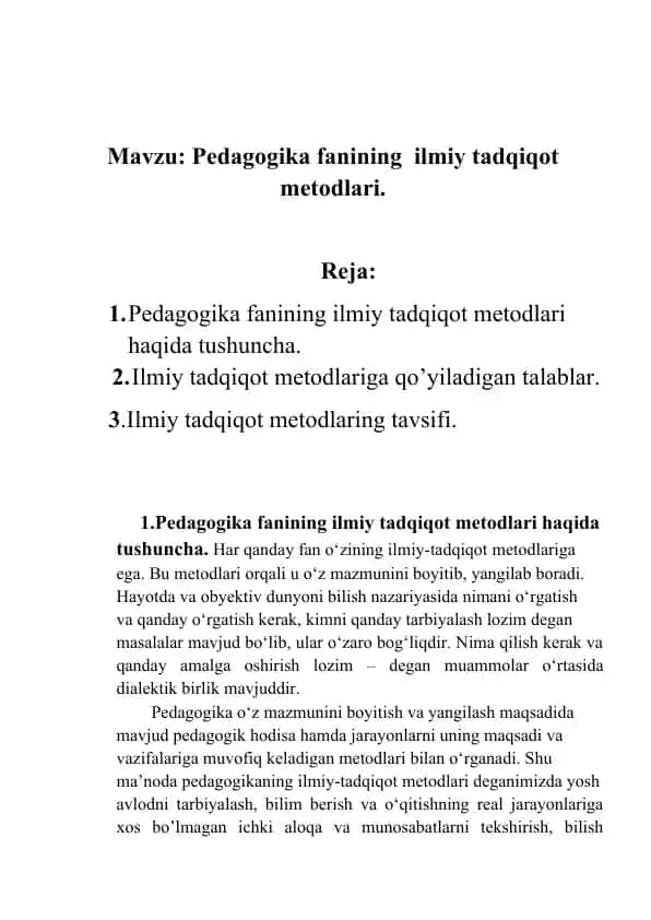 Pedagogika fanining ilmiy tadqiqot metodlari