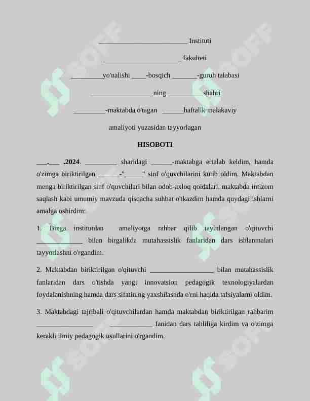 Pedagoglar uchun amaliyot (maktab) hisoboti