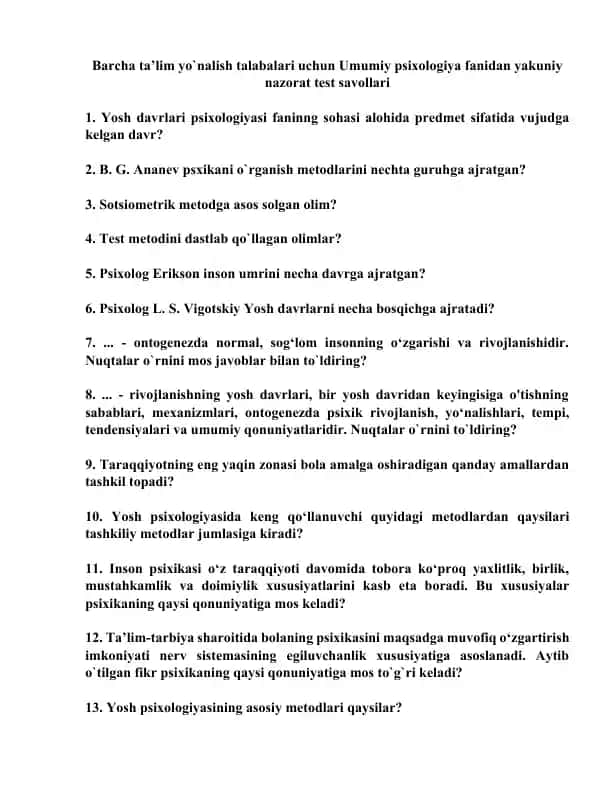 Umumiy psixologiya fanidan yakuniy nazorat test savollari