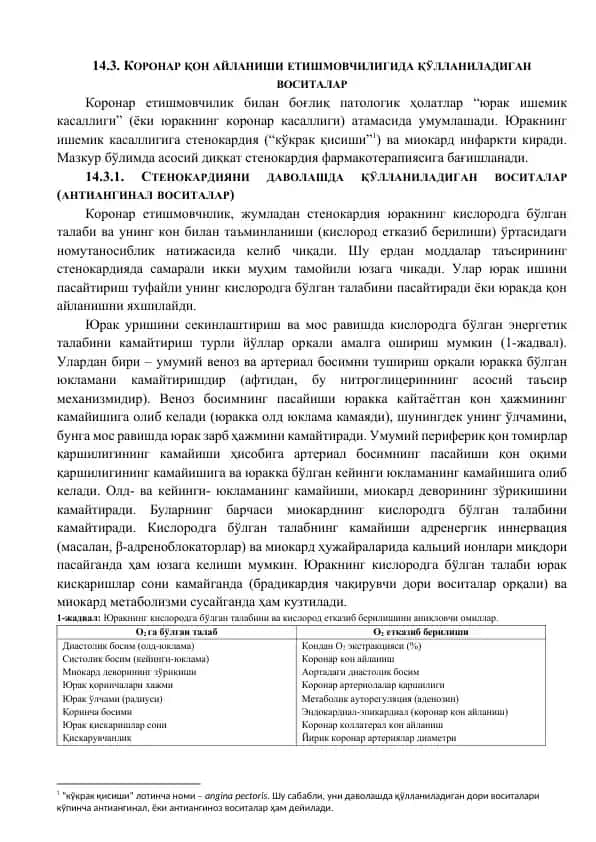 Koronar qon aylanishi etishmovchiligi ustida qollanadigan vositalar