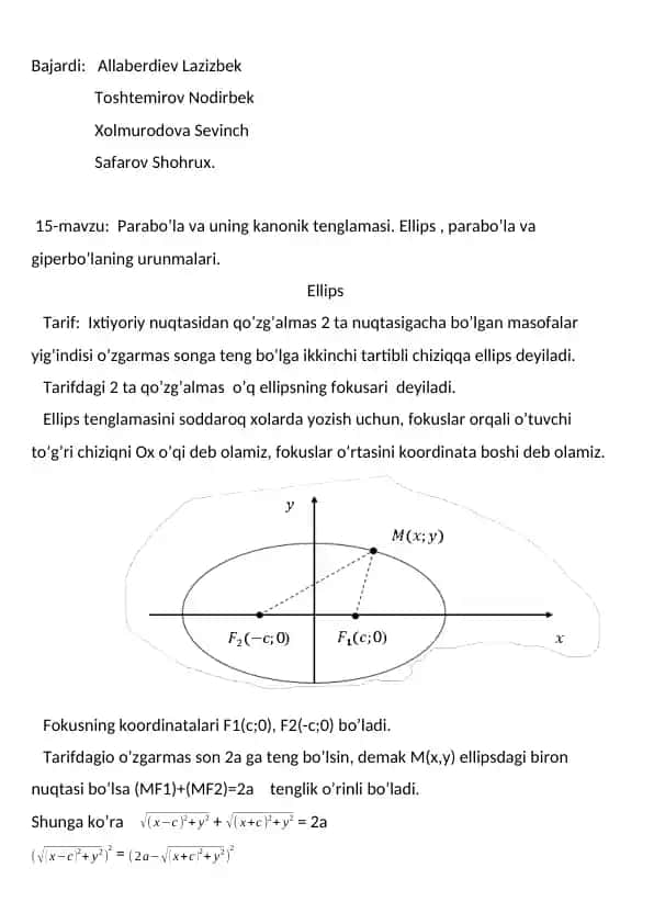 Parabola, Ellips va Giperbola: Kanonik tenglamalar va xossalari