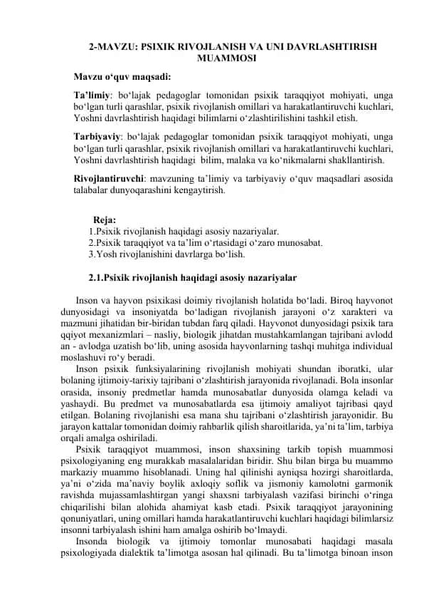 PSIXIK RIVOJLANISH VA UNI DAVRLASHTIRISH MUAMMOSI