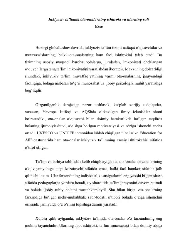 Inklyuziv ta’limda ota-onalarning ishtiroki va ularning roli
