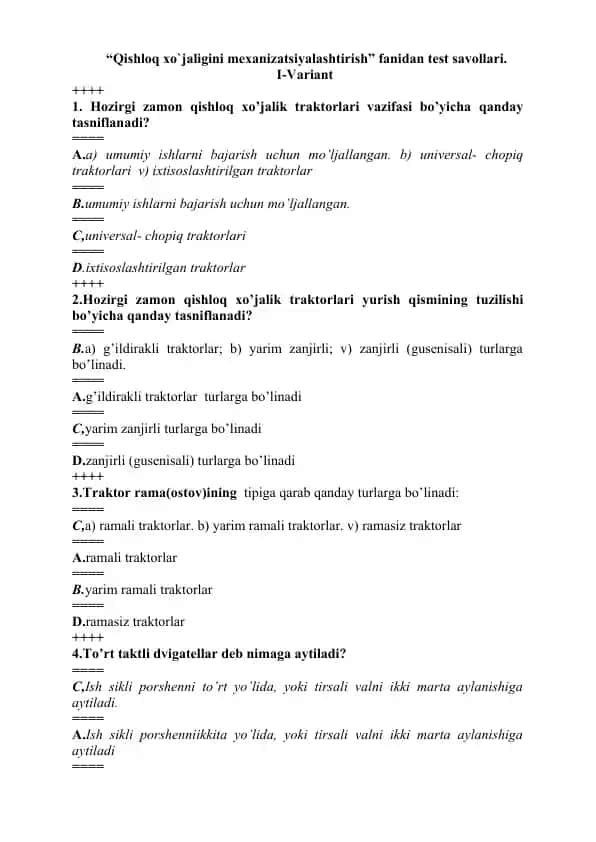 Qishloq xo`jaligini mexanizatsiyalashtirish fanidan test savollari