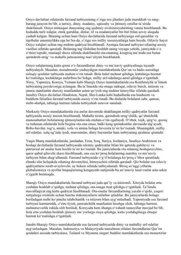 Farzand tarbiyasi Osiyo davlatlarida