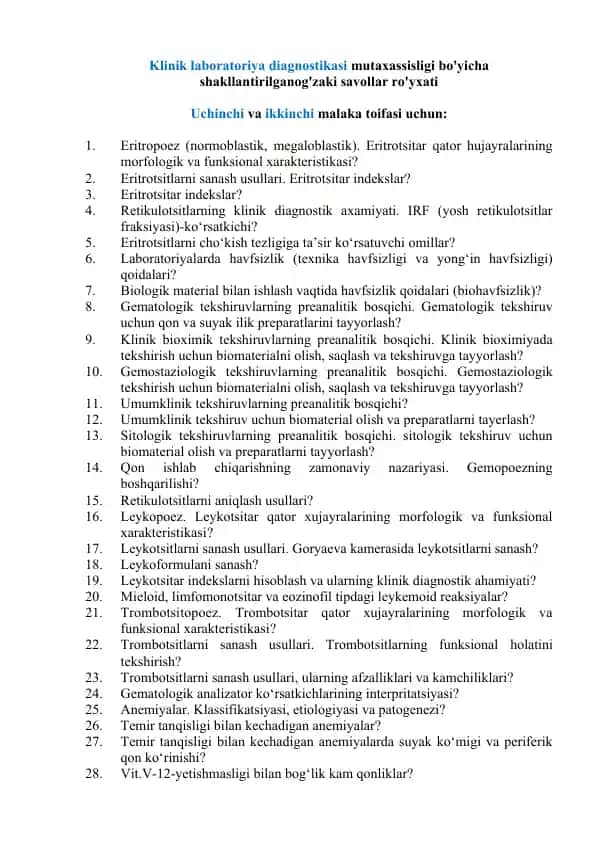 Klinik laboratoriya diagnostikasi mutaxassisligi bo'yicha shakllantirilgan og'zaki savollar ro'yxati