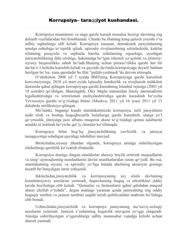 Korrupsiya– taraqqiyot kushandasi