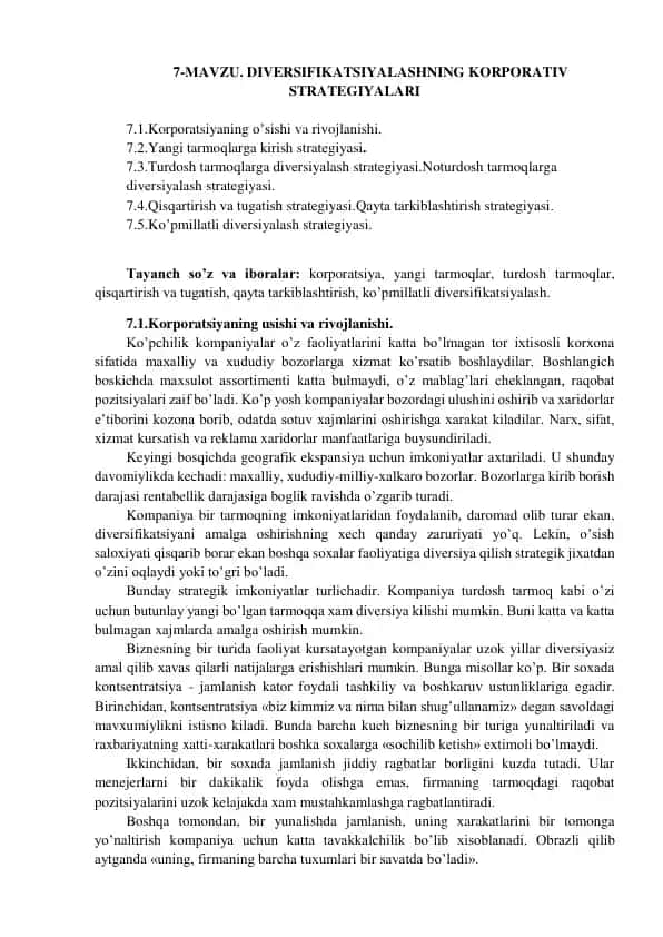 Diversifikatsiyalashning korporativ strategiyalari