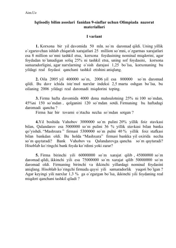 Iqtisodiy bilim asoslari fanidan 9-sinflar uchun Olimpiada nazorat materiallari