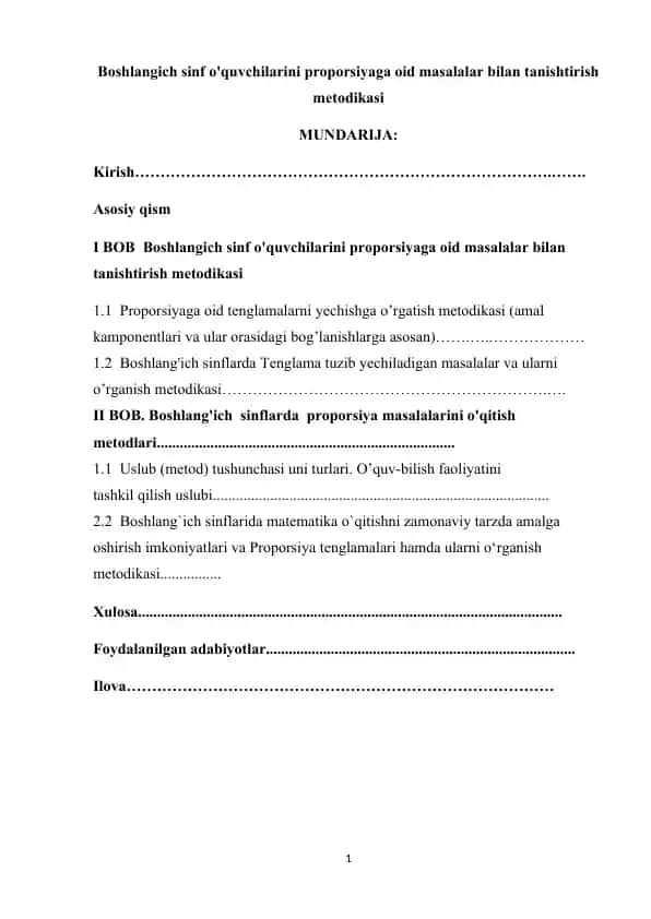 Boshlangich sinf o'quvchilarini proporsiyaga oid masalalar bilan tanishtirish metodikasi