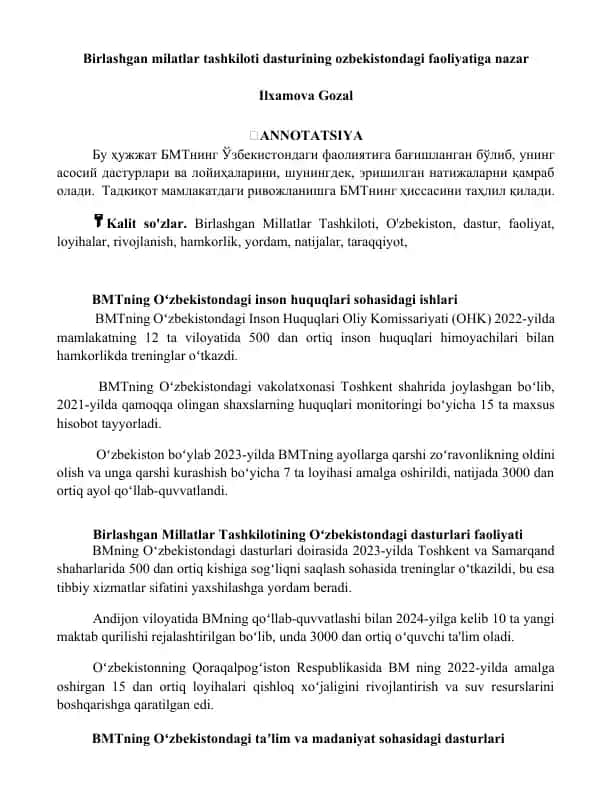 BMTning Oʻzbekistondagi Inson Huquqlari Sohasidagi Ishlari