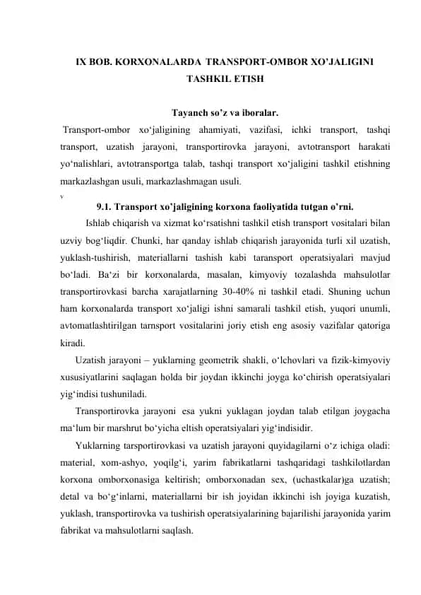 Transport-ombor xo‘jaligini tashkil etish