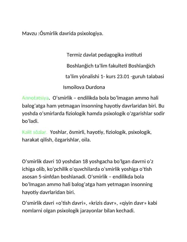 Oʻsmirlik davrida psixologiya