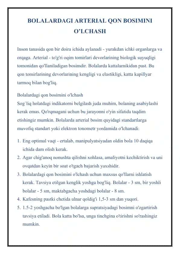 Bolalardagi arterial qon bosimini o'lchash