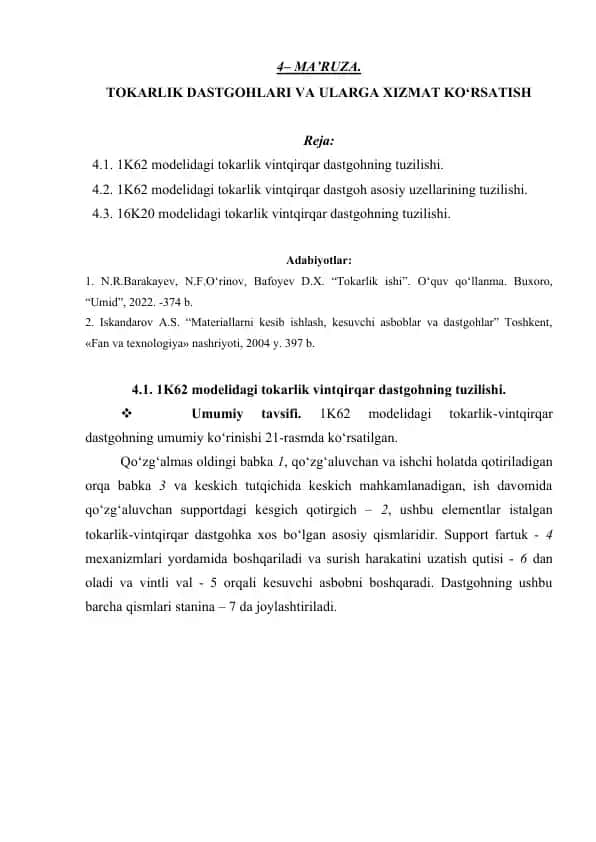 1K62 modelidagi tokarlik vintqirqar dastgoh