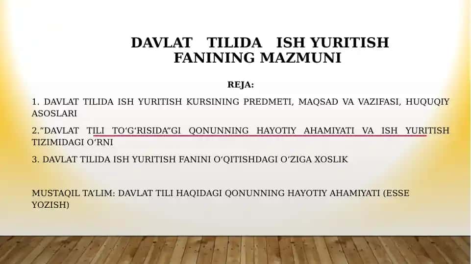 DAVLAT TILIDA ISH YURITISH FANINING mazmuni