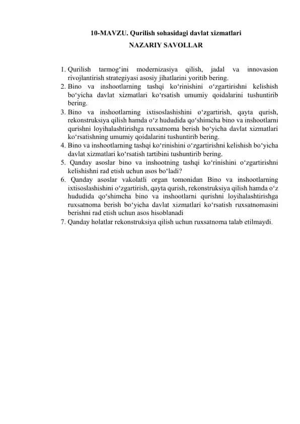 Qurilish sohasidagi davlat xizmatlari