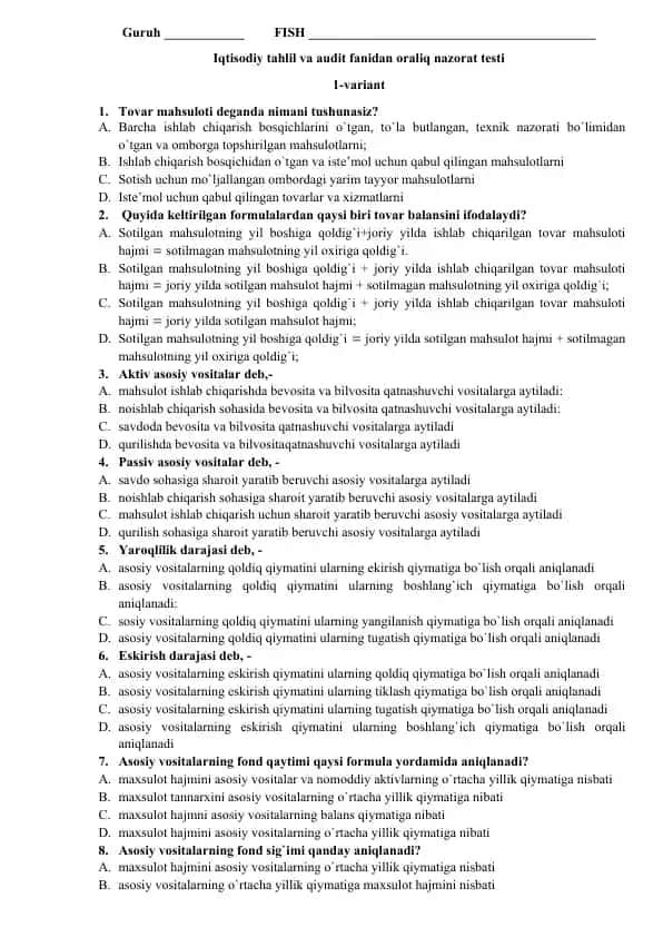 Iqtisodiy tahlil va audit fanidan oraliq nazorat testi