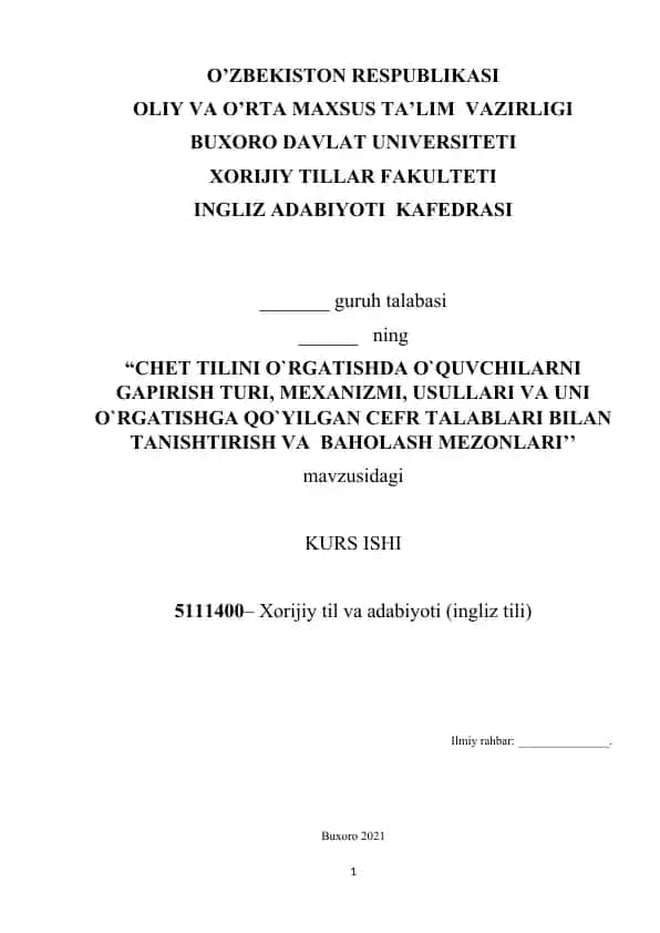 Xorijiy til va adabiyoti (ingliz tili) KURS ISHI
