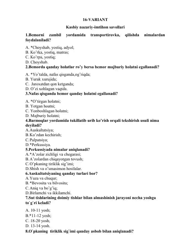 Kasbiy nazariy-imtihon savollari