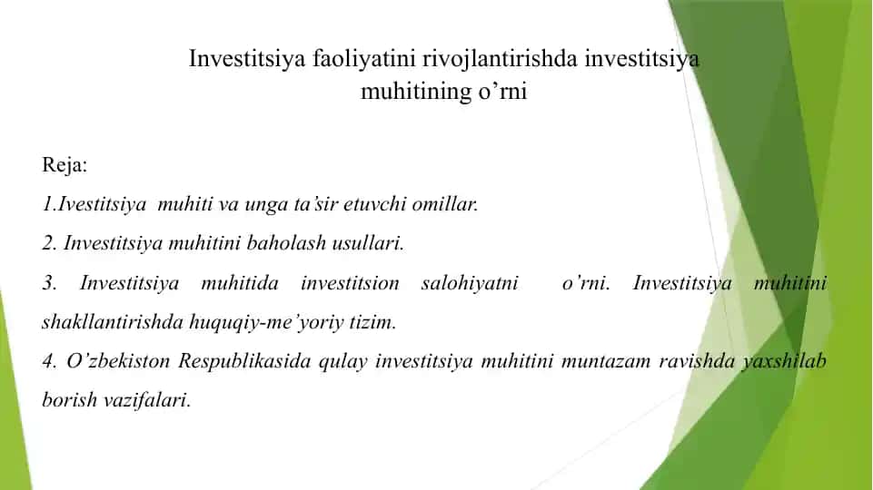 Investitsiya faoliyatini rivojlantirish