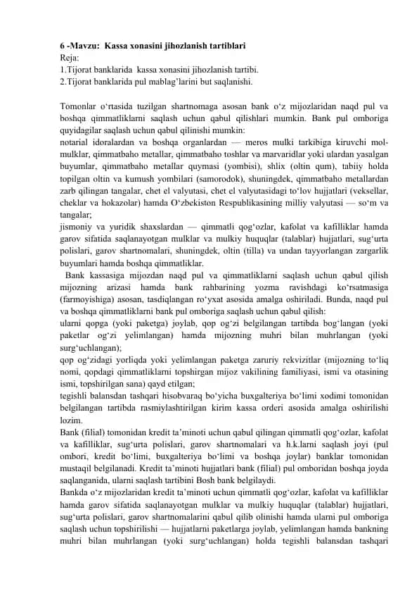 Kassa xonasini jihozlanish tartibi