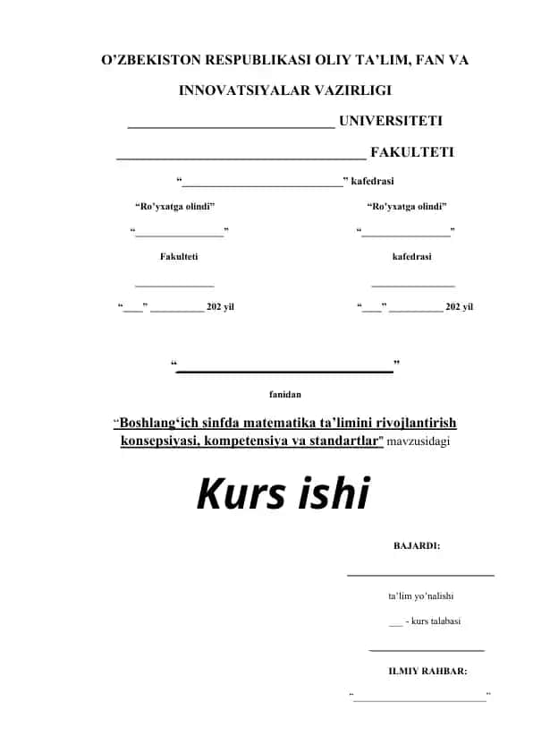 Boshlang‘ich sinfda matematika ta’limini rivojlantirish konsepsiyasi, kompetensiya va standartlar