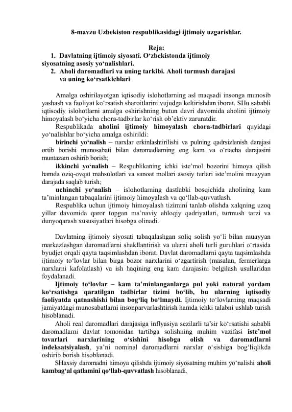 Uzbekiston respublikasidagi ijtimoiy uzgarishlar