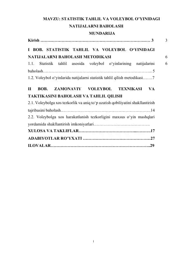 STATISTIK TAHLIL VA VOLEYBOL O’YINIDAGI NATIJALARNI BAHOLASH