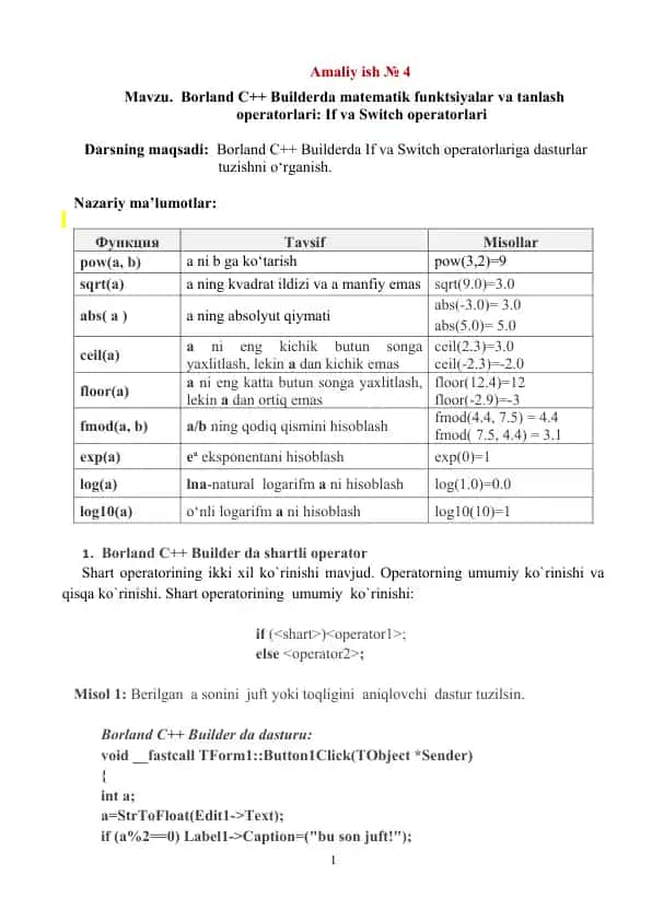Borland C++ Builderda matematik funktsiyalar va tanlash operatorlari: If va Switch operatorlari
