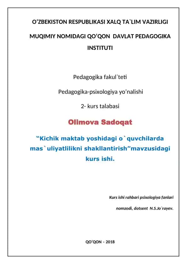 "Kichik maktab yoshidagi o`quvchilarda mas`uliyatlilikni shakllantirish"