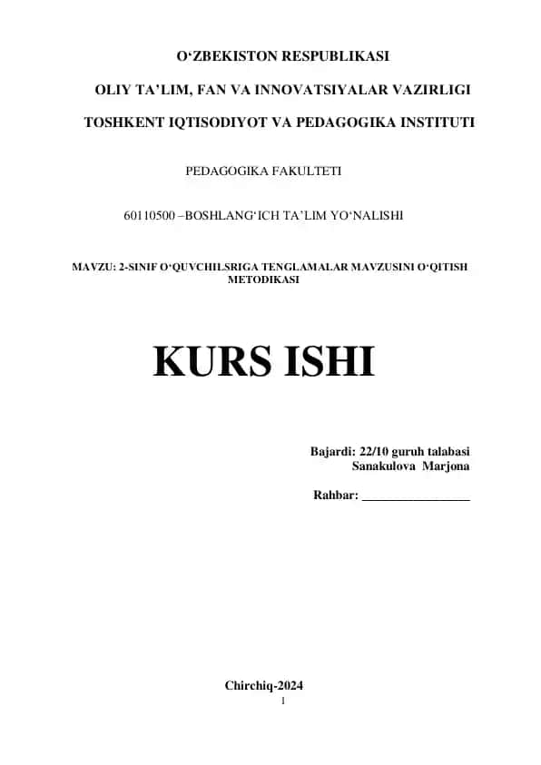 2-SINIF O‘QUVCHILARIGA TENGLAMALAR MAVZUSINI O‘QITISH METODIKASI
