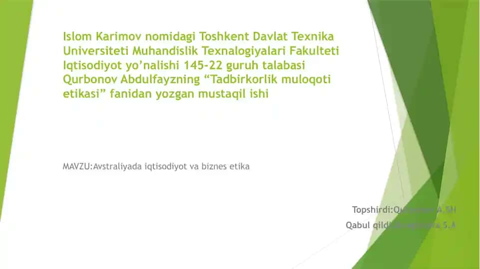 "Tadbirkorlik mulohazalari Avstraliyada"