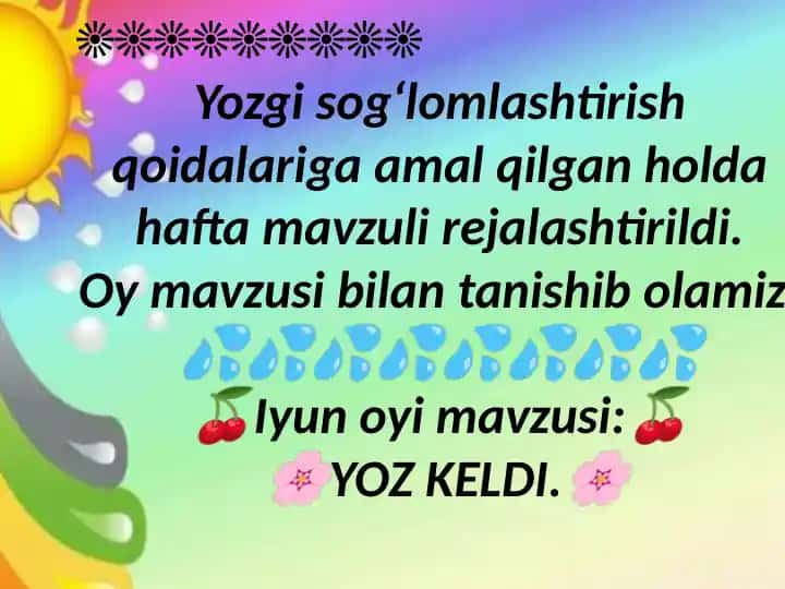 Yozgi sog‘lomlashtirish haftalik rejalari