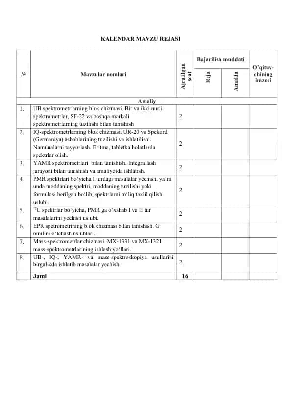 KALENDAR MAVZU REJASI