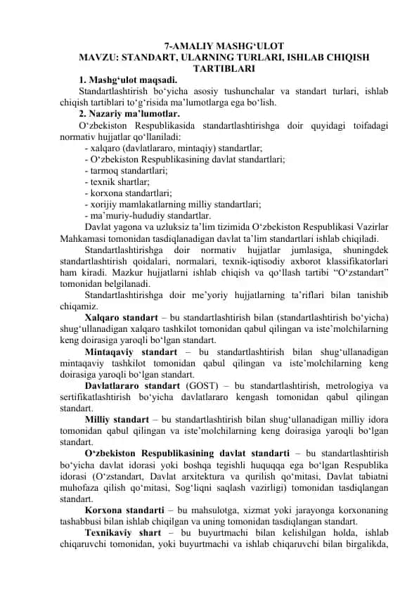 Standartlashtirish bo‘yicha ma'lumotlar