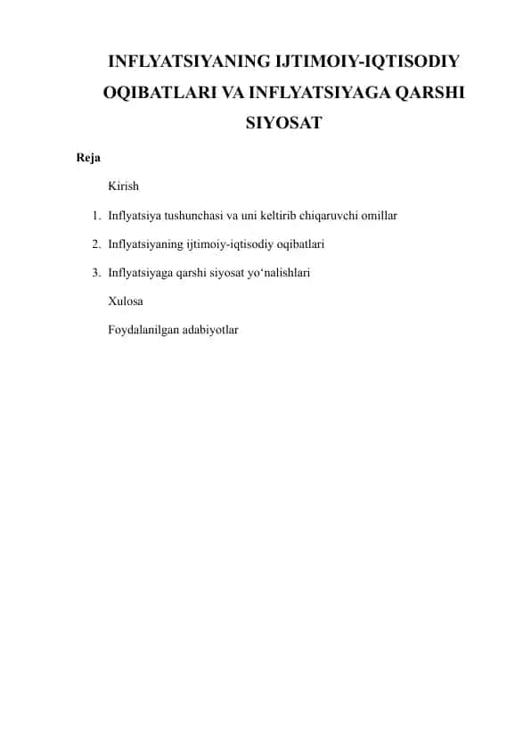INFLYATSIYANING IJTIMOIY-IQTISODIY OQIBATLARI VA INFLYATSIYAGA QARSHI SIYOSAT