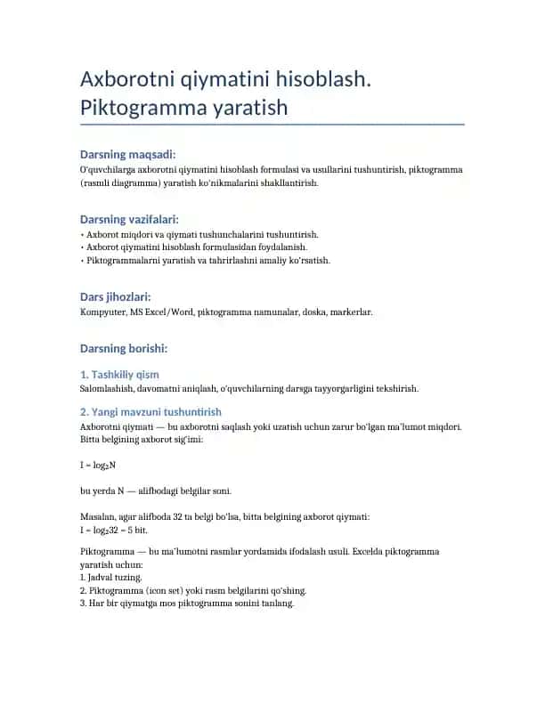 Axborotni qiymatini hisoblash. Piktogramma yaratish