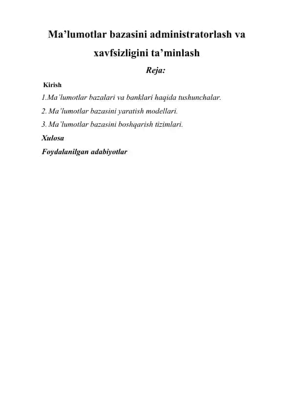 Ma'lumotlar bazasini administratorlash va xavfsizligini ta’minlash