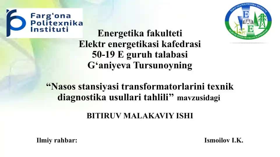 Nasos stansiyasi transformatorlarini texnik diagnostika usullari tahlili